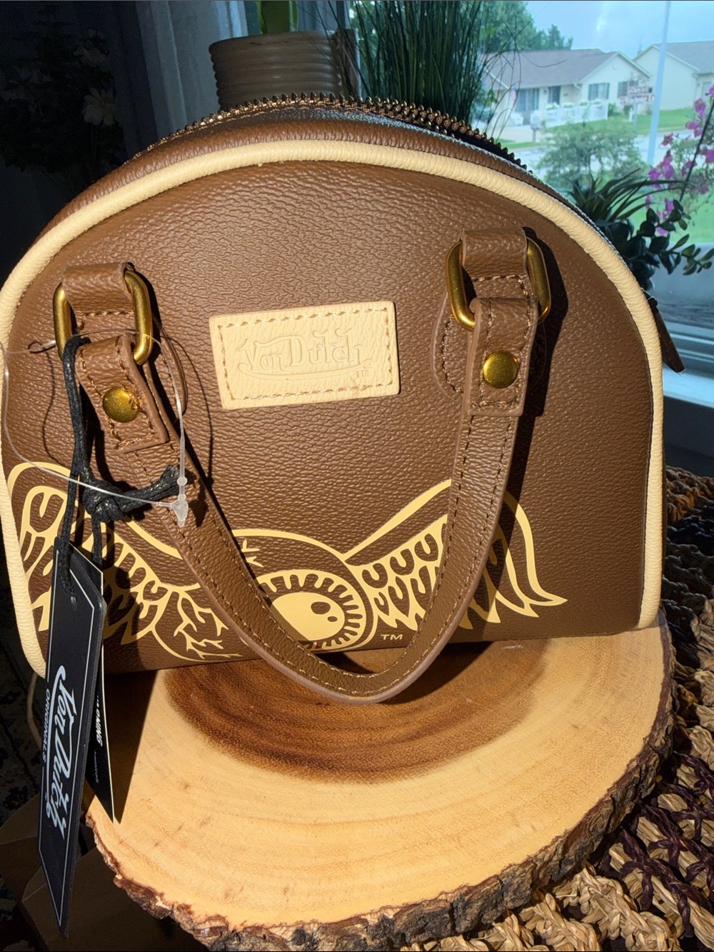 Von Dutch Brown & Tan Two-Tone Bowling Bag Y2K Crossbody NWT